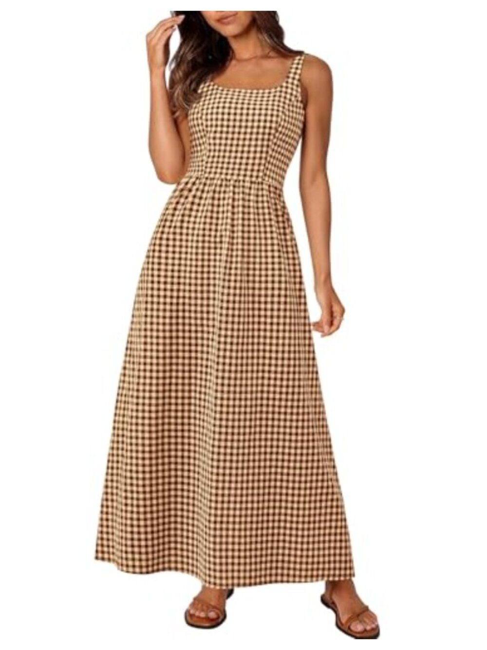 Women's Sleeveless Plaid Maxi Dress Smocked Back with Pockets